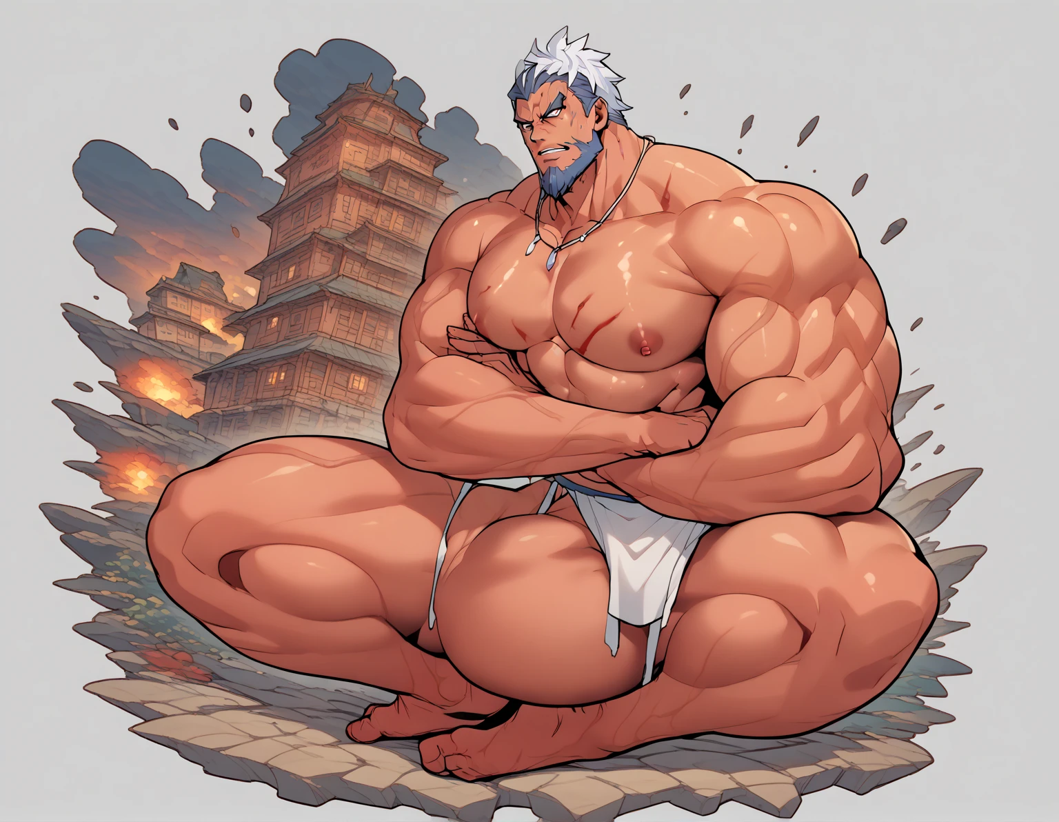 (YakuzaTattoo in body, chest, both arms tattoo:1.25) ,(best quality,4k,8k,highres,masterpiece:1.2),ultra-detailed,(realistic,photorealistic,photo-realistic:1.37),dramatic lighting,chiaroscuro,atmospheric,moody,cinematic. huge muscular old man soaking in an open onsen, white and short hair, white beard, old, old man, grandpa, half submerged, huge scar on chest, , (huge muscular), detailed muscles, 8k, masterpiece:1.2, hyperrealistic, white fundoshi:1.2, highly detailed full body, ((really big muscle, massive muscular, sixpack, thick arms, wide pectoral, super huge muscle, small head, hyper muscular, submerged, floating steam, over sized muscle, huge arms, big arms, huge pectoral)), rich colors, serene atmosphere, hot spring, landscape, soft ambient lighting, wrinkled skin, happy expression, reflective water, peaceful relaxation