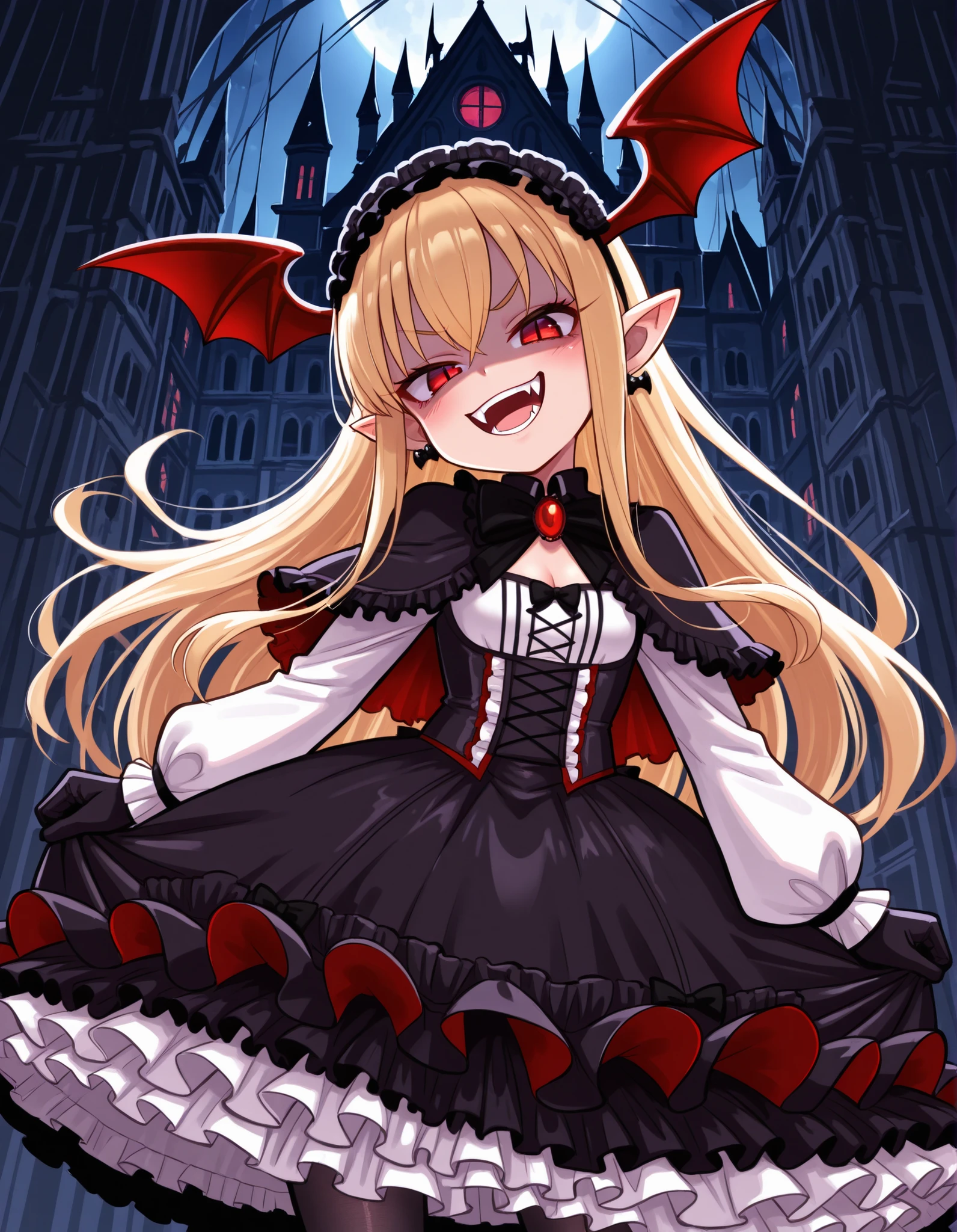 qqlttc,, VaniVampy, vampy, vampire girl, 1girl, solo, very long blonde hair, bangs, red eyes, head wings, pointy ears, fangs, slit pupils, black dress, gothic, long sleeves, frills, frilled dress, puffy long sleeves, hairband, hair bow, black earrings, cleavage cutout, black capelet, silk, fine fabric emphasis, shaded face, smug, mesugaki, head tilt, teeth, black gloves, gothic architecture, BREAK A young vampire girl in a gothic castle,