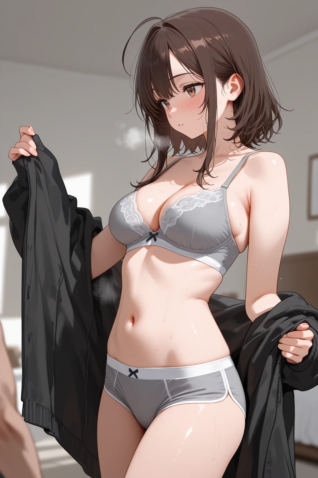 Shirt oversized, black panties, shy, blush, wet, see through, after sleep