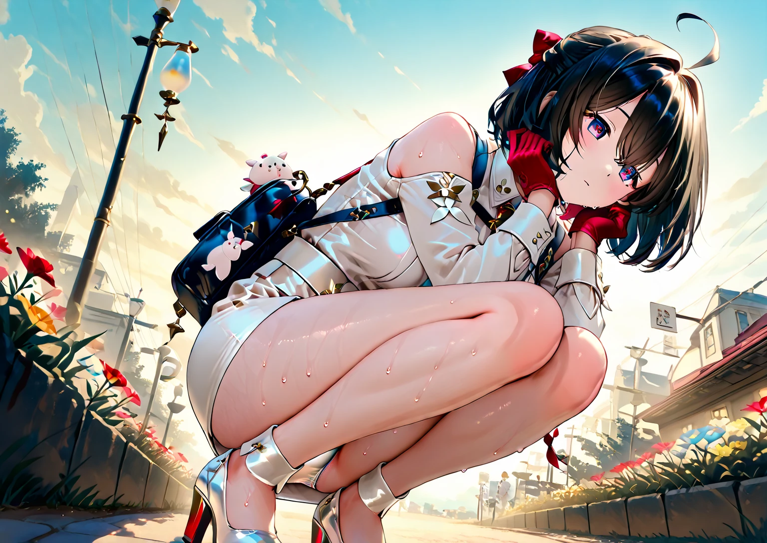 (((masterpiece, highest quality, High resolution, 超High resolution, Perfect Pixel, Depth of written boundary, 4K, RTTX 10.0))), Beautiful Anime Woman, Beautiful art style, Anime characters, ((Smooth texture, Realistic texture, Anime CG Style)), Exact finger count、Exact number of legs、(Exact number of arms:1.0, Exact number of hands:1.0), (Perfect hands, Perfect Anatomy), Cinematic, Realistic, Extremely detailed CG, Daytime lighting, Perfect lighting, Best Shadow, The best natural light, whole body, Perfect body, (Slender body:1.2), whole body, ((Long Hair, bangs, Dark brown hair, Stylish and cute bob cut)), ((One pretty woman is standing and flipping up her apron:1.3)), ((White fluffy apron:1.3), Maid Headband:1.3), ((Sexy and cute panties, (Stylish shiny satin pink panties:1.2), Side-tie panties, Small lace panties:1):1.3), (Beautiful and big breasts, Cleavage:1.3), (Beautiful and thin thighs:1.3), Short torso, Feeling embarrassed, (blush:1.2), (Embarrassed expression:1.4), (In the amusement park, Ferris wheel and roller coaster in the background, Lots of people in the background々, Outdoor Cafe:1.3), Angle from the front