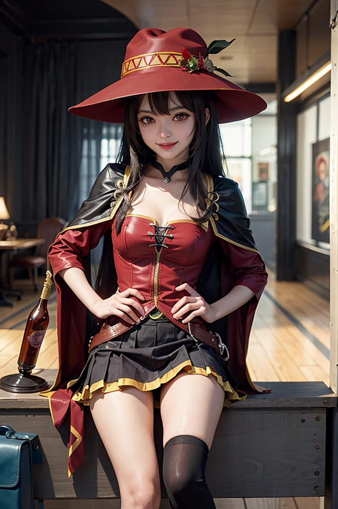 1 girl, 18 years old, wearing wizard hat, (realistic face), black hair, hair between eyes, messy hair, short hair, (realistic hair), ((brown eyes)), (bright eyes), (beautiful eyes) expressive brown), (realistic eyes), eyeliner, bright lips, red lipstick, crazy smile, medium breasts, (realistic body), (cropped hood, white), (black and red checkered miniskirt), dance movement, fierce dance, eyes to the viewer, rear view, cinematic lighting, high detail, hyperrealism, long shot, (masterpiece), (best quality), high resolution, textured skin, anatomically correct, 8k wallpaper.