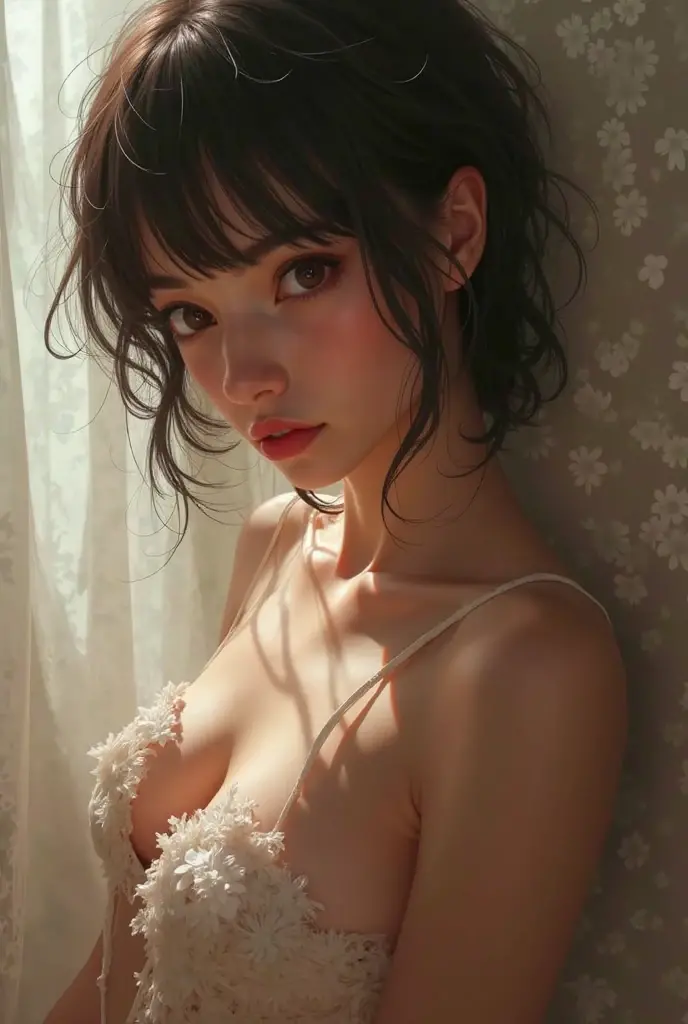 Shot from above、High Detail、Edge Detection、sharpness、High contrast、Highlight、Slouching、A beautiful young girl、a small face、a small face、cleavage of the breast、a large breast、Plump body、Off-the-shoulder dresses、Simple dress、Rim Lights、Cinematic Light、ultra-wide-angle、