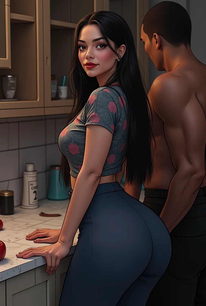 High resolution, kitchen setting ,(((two characters))) one mature Hispanic girl, and one 30 year old guy))), (((bimbo))), long black hair, ponytail, wide hips, thick thighs, hourglass figure, small round breast, she is looking at the viewer with a flirty smile, huge ass size, Brazilian butt lift, (she's wearing a set of black panties that covers half her butt and a T-shirt that is resting on her butt), (((she's bending over slightly as she cooks at a stove))), (((the guy is standing at her back and is pressing up against her butt))), (((guy has a hand on hip groping it))), (((guy is looking at viewer with a smile))), (((side view)))