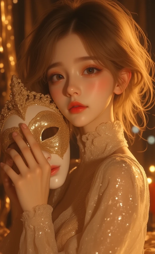 best quality, masterpiece, high sensitivity, high resolution, detailed depiction, Slender Woman, Full Body, A beautiful girl, Pretty Idol, white pale skin, cute mouth, cute eye, high nose, and the body is plump and a little plump, white skin, smooth skin, a woman with a large , reflections, shot with Canon EOS R5, 50mm lens, f/1.8, 8k resolution, ray tracing, perfect hands according to , 5 fingers, perfect legs according to , realistic shadow quality, realistic reflection quality, Realistic light quality, Close-up of a girl with short golden wavy hair, wearing a luxurious golden dress, holding a masquerade mask in her hand. The background is a luxurious banquet hall, at night, the lights are bright,