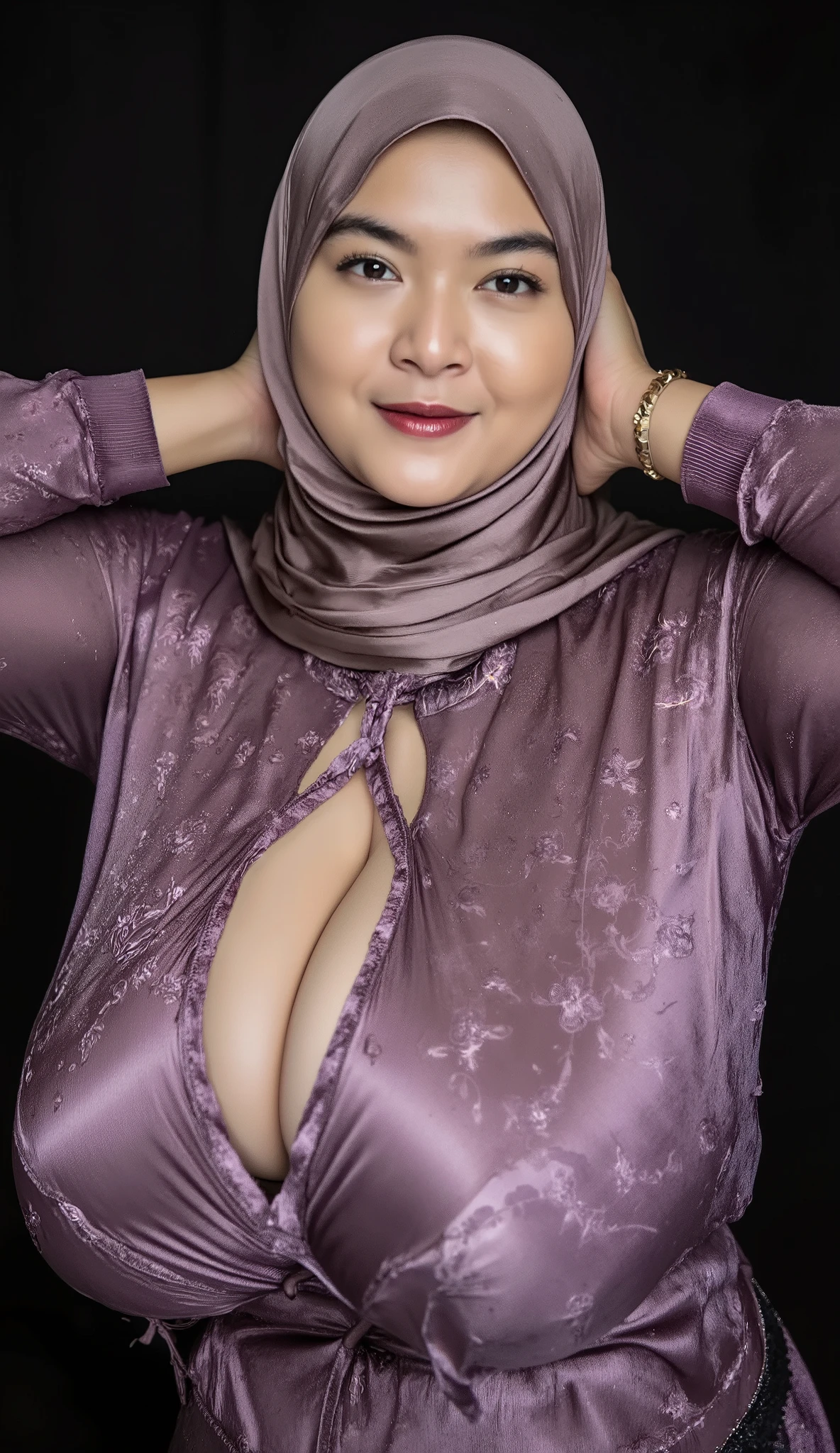 ((Tongue out)), ((Transparent transparency)), Bitch, ((Lace V-neck ice silk suspender nightdress)), Straddling, ((Naked Colourfull)), ((Old Lady :1.7)), (((VERY SHINY SKIN))), Very cute like a Matured Lady, ((Stylish Hijab)), adorable, 2 girl, 55 years old, baby face, shy, half body portrait,smile,  (face details: 1), (eye details: 1), ((round large breasts, cleavage)). Cute posed. proportional body. Ultra High Res. (realistic: 2), UHD, ((SHINY SKIN :1.5)), ((Floral Pattern)).