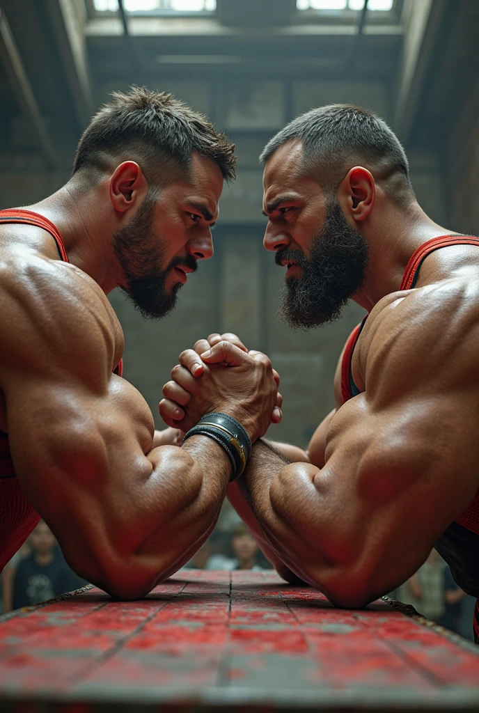 (Very detailed 8k wallpaper), two asian men, muscle worship, arms folded, At the gym, high detailing, buzzcut, very large and strong body, bulging muscles, well-muscled, very large pectoral muscles. Very sexy abs, legs are muscular, Toned figure, lightens oily skin, muscular, Tank top, T-shirt, longshot, Wide Shot