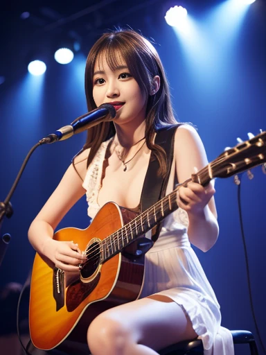 (Highest quality,8k,High resolution,masterpiece:1.2),((masterpiece,Highest quality)), 非常に詳細なHigh resolution, A girl in her fifties singing into a microphone while playing the guitar, Perform on stage, vocalist, Live Performance, (Slender body:1.5),((small breasts:1.5),Highly detailed skin and facial textures:1.3, Ultra detailed face, Detailed hands and fingers, Beautiful attention to detail,Beautiful lip detail,Singer-songwriter, Playing guitar on stage, Woman Playing Guitar, Gombi, Photo taken with Nikon D750, Shot with Canon EOS 5D Mark IV, Girl playing guitar, musician