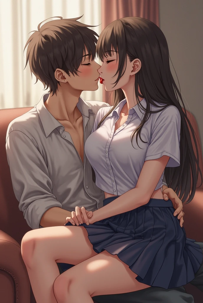 college student couple、Lovers、girl with long black hair、cute、droopy eyes、hug、Brown-haired man、Tall handsome man