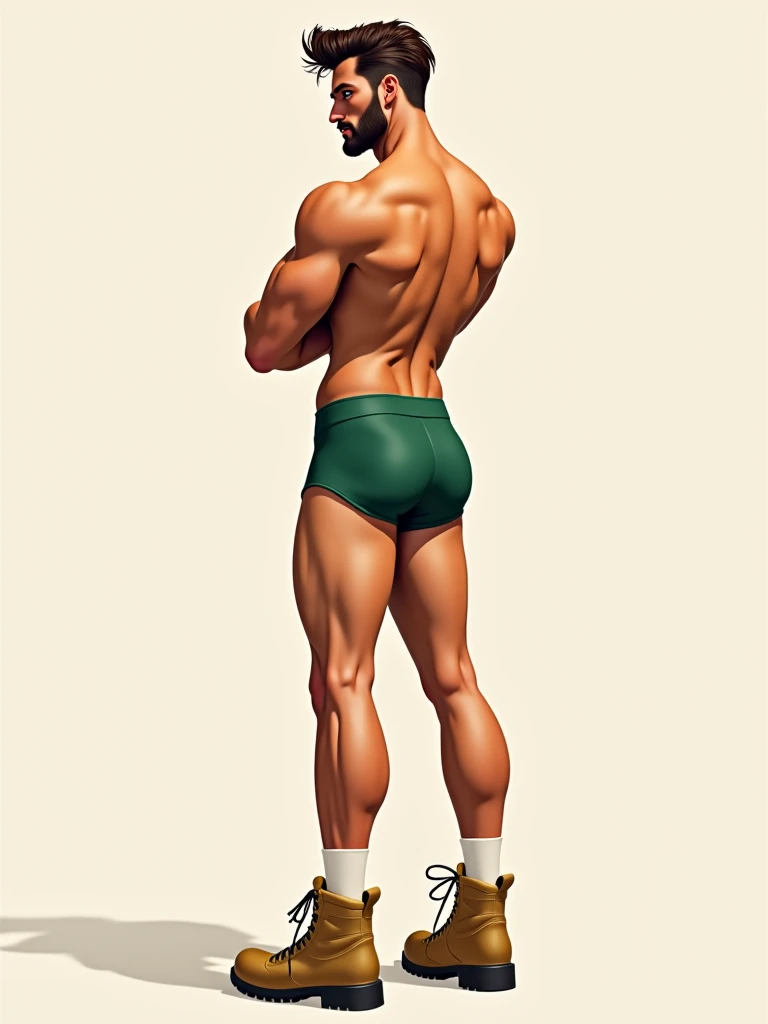 fullbody view from behind, In leng jun and norman rockwell art style, hd, 8k resolution, fullbody, 16k resolution, hd, fullbody, view from behind A young man, latino, cinnmon skin, thin face, straight nose, thin lips, square chin, large black eyes, short black, wavy hair, in roberto ferri style, aesthetic slim athletic body, very tall, latino, realistic skin, gorgeous, realistic detailed tonned muscles, barefoot, perfect anatomy, muscled fitness body, 195cm tall, realistic skin, skinny realistic detailed muscles, he is wearing small green loincloth, man standing naked small flacid penis, barefoot, perfect detailed feet, relaxed body lenguaje, relaxed face expresion. ((above angle view, storbe lighting, Leading Lines composition )) background painting art classroom, drawers drawing schetchs of the man fullbody, hyper detailed scene, ,penis
