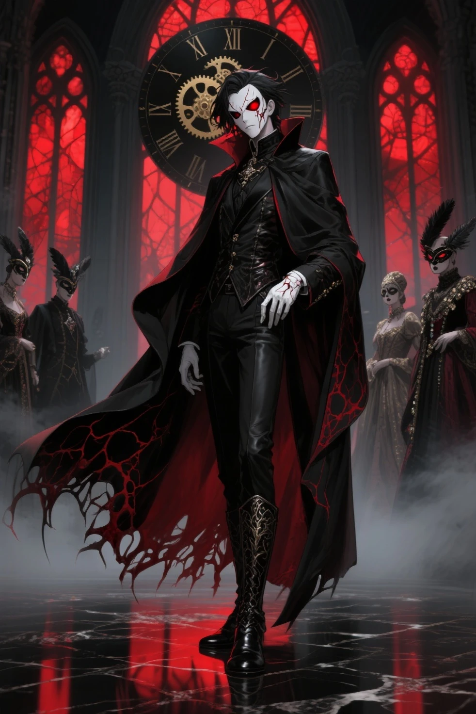 Picture a medieval dark fantasy vampire prowling through a grand, decaying mansion cloaked in shadows and secrets. His presence is both regal and predatory, dressed in aristocratic attire of rich velvet and lace that contrasts sharply with the crumbling decadence of his surroundings. Pale moonlight filters through stained glass windows, casting ethereal hues upon the dusty corridors lined with portraits of long-forgotten ancestors.

The vampire's features are sharp and elegant, with piercing eyes that gleam with a hunger as old as time. His fangs glisten in the dim light, hinting at the primal urge that drives him. Around him, the air is thick with the scent of old books and aged wood, mingling with the faint aroma of blood that lingers on his breath.

In one hand, he holds a goblet filled with crimson wine, its liquid swirling like liquid rubies under the flickering candlelight. A sense of quiet malevolence permeates the air, heightened by the distant echoes of whispers and the soft rustling of moth-eaten curtains. Shadows dance upon the walls, casting fleeting illusions of movement and life in the mansion's forgotten halls.

Capture the timeless and haunting presence of this medieval dark fantasy vampire as he navigates the labyrinthine corridors of his ancestral home, where echoes of the past and present intertwine in a dance of seduction, danger, and eternal longing."