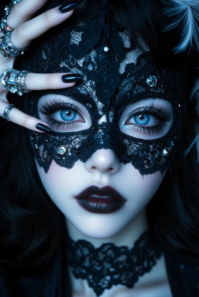 Midjourney_Whisper. Concept: Hyperrealistic gothic portrait of a mysterious and elegant woman wearing a mask.

Subject:
Gothic woman, extremely pale skin, wavy black hair.
Enormous, beautiful blue eyes with intense black eyeliner, dark shadow, and long, defined eyelashes.
She wears a black mask decorated with white feathers that frames her eyes, allowing her features to be clearly seen.
Intense, melancholic, and  expression, with her head slightly tilted upward, looking directly at the camera.

Accessories:
A black gothic choker with lace around her neck.
A visible hand partially holding the mask, adorned with multiple vintage and gothic-style rings.

Composition/Background:
Close-up portrait with a dark, out-of-focus background.
Shot from a high angle, focusing on the face and eyes.
Soft light directed from above, highlighting the texture of the skin, the brightness of the eyes, and the contrast between the darkness of the mask and the paleness of the face.

Lighting and Atmosphere:
Dramatic, high-contrast lighting, highlighting texture and details.
Cool, blue, and black tones, with an elegant and melancholic aura.

Style:
Digital hyperrealism, editorial photography style, with extreme focus on facial details, skin texture, eyelashes, and eye reflections. (The image showcases her natural beauty, focusing on her flawless skin and delicate features,A hyper-realistic portrait of a stunning supermodel, featuring a beautifully detailed face with captivating eyes and a serene expression)
