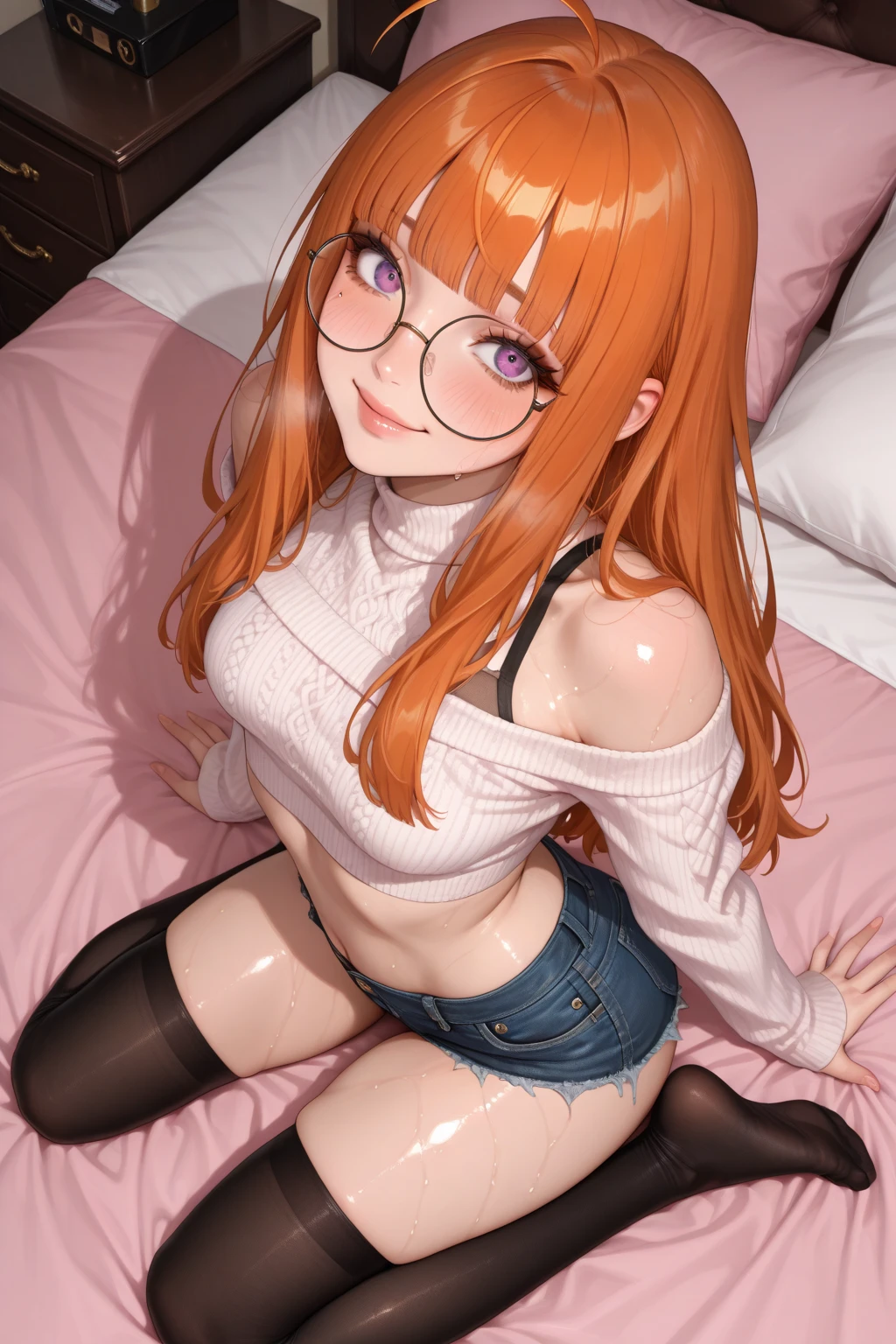 Cute girl, long orange hair, cropped bangs, round glasses, gray eyes, black T-shirt with white stripes, big breasts, exposed stomach, underpants, toy hand in hand, sitting in her room and playing
