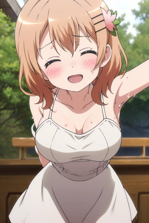 ((masutepiece, Best Quality, hight resolution, nffsw, Perfect Pixel, depth of fields, 4K, )), 1girl in, Solo, Lori, Beautiful anime girl, Beautiful Art Style, 
close up, Looking at Viewer, 
Perfect body,  

Yuigahama Yui, Hair bun, Short hair, large boob, 

Full face blush, Smile, Open mouth, 
white sundress, Strapless, 

selfee,
plein air, Daytime, Summer,
From  above, POV,
INCOMING HUG, 
INCOMING KISS,