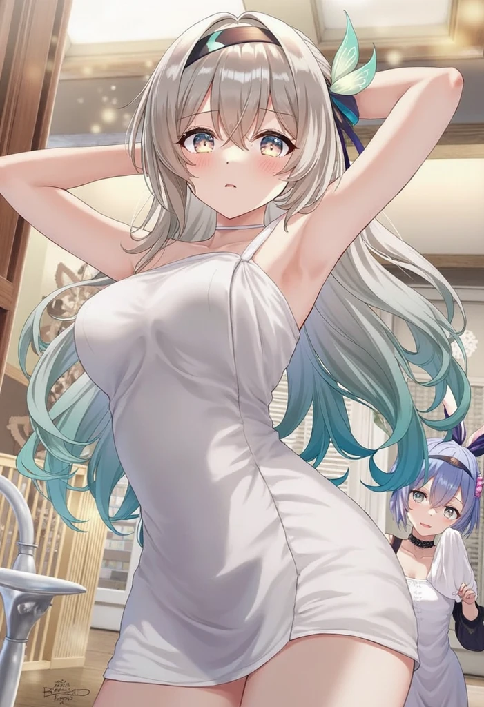 (Curve,Model,glamor:1.5),Beautiful breasts,(from below:1.3),(from side:0.9),18 year old beautiful girl,Purplish blue eyes that dreamers desire,(Blonde hair) , small stature, small tits,Lori,(masutepiece:1.2, Best Quality),(finely detailed beautiful eye: 1.2),(beautifull detailed face),(perky chest:1.1),(pointed chest:1.2),(macaron cookie magazine cover:1.3),(Best Illumination, extremely delicate and beautiful),Ultra Contrast,Braid a little around the ears, White long dress, (very detailed),(Raw photo, highest quality),(realistic, Photoreal:1.3), high detail, very detailed complex 3D rendering of face, (very detailed skin:1.2), dynamic angle, fire glow effect, professional lighting, side light, cinematic light, a super high resolution, 8K , best shadow, particles of light, Fine skin texture, detailed face, intricate details, Super detailed, shine, Please reconsider, full body,, beautiful face, shiny skin, thin, nice companion, delicate body, thin legs, naked apron, ((crawl on random sexy pose:0.6)), beautiful back, butt, turn around, A picture from a little behind, bend the body, the skirt is floating in the wind, Dark purple panties, thin Pubic hair ,(with sparkling eyes and a contagious smile), highest quality, high resolution, Real World, Natural light, perfect Natural Light,
