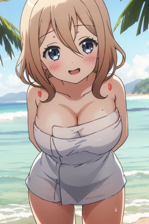 Koizumi hanayo, illustration, beautiful, (sexy kimono),Obi, off shoulder, thighs,big breasts, cleavage, looking at viewer,seductive smile, blushing, outdoors