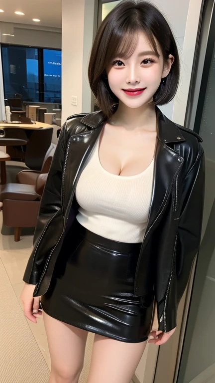 (Pictured from head to toe, Full body photo,from blow:2.2),(black riders leather Jacket,knee high boots,very high gloss,brown leather pleated mini skirt, large breasts,cleavage, open clothes,Little Devil Smile,standing:1.5), nsfw, black medium straight hair, one girl, (a beauty girl, delicate girl:1.3), (:1.3), break, stained glass:1.2, break, very fine eyes, (symmetrical eyes:1.3), break, small breasts, brown eyes, parted bangs,best smile, break, (eyes and faces with detailed:1.3), break, (masterpiece, best quality, ultra detailed, detailed face, 8k)