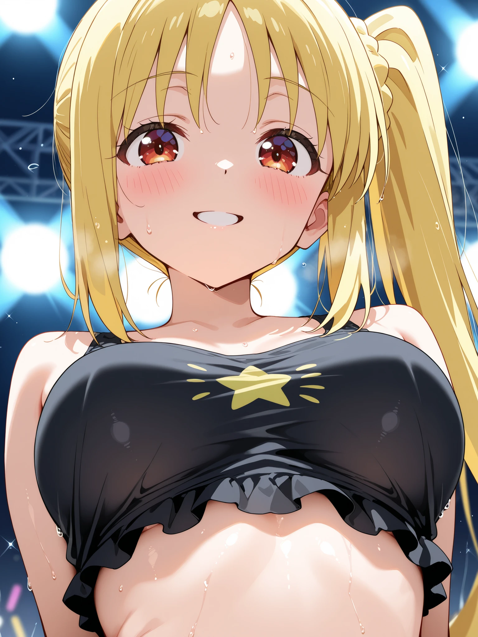 best quality, intricate detailasterpiece:1.2, best quality:1.2, beautiful, high quality, highres:1.1, aesthetic), detailed, extremely detailed, ambient soft lighting, 4K, perfect eyes, perfect face, perfect lighting, 1girl, solo, huge breasts, huge ass, huge thighs, narrow waist, wide hips, thick thighs, curvy, Oshinoko drawing, standing, looking at viewer, Ruby Hoshino, focus on beautiful women, perfect beautiful female solo, solo woman, long, golden hair, beautiful face, perfect hands, red starry eyes, tight shirt, skirt, detailed lighting, idol, gloves, tongue out, tongue, long hair, star \(symbol\), looking at viewer, hair ornament, :p, symbol-shaped pupils, hands up,hands in the air, jumping, mini skirt, (exposed midriff,) (underboob,) bouncing breasts, collar, blushing,sweating, (breathing hard), (panting), anime, farm, smile, huge ass, huge breasts, huge thighs, narrow waist, wide hips, thick thighs, curvy, bangs, one side up, star-shaped pupils, on stage,