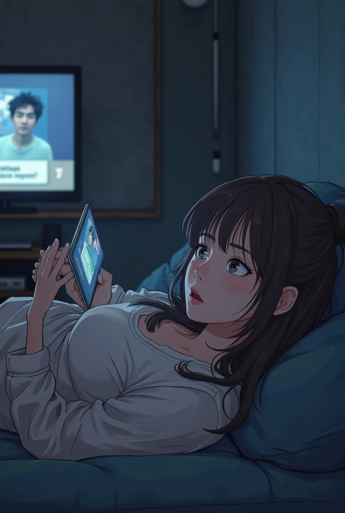 A woman sitting on a sofa in her room watching TV
