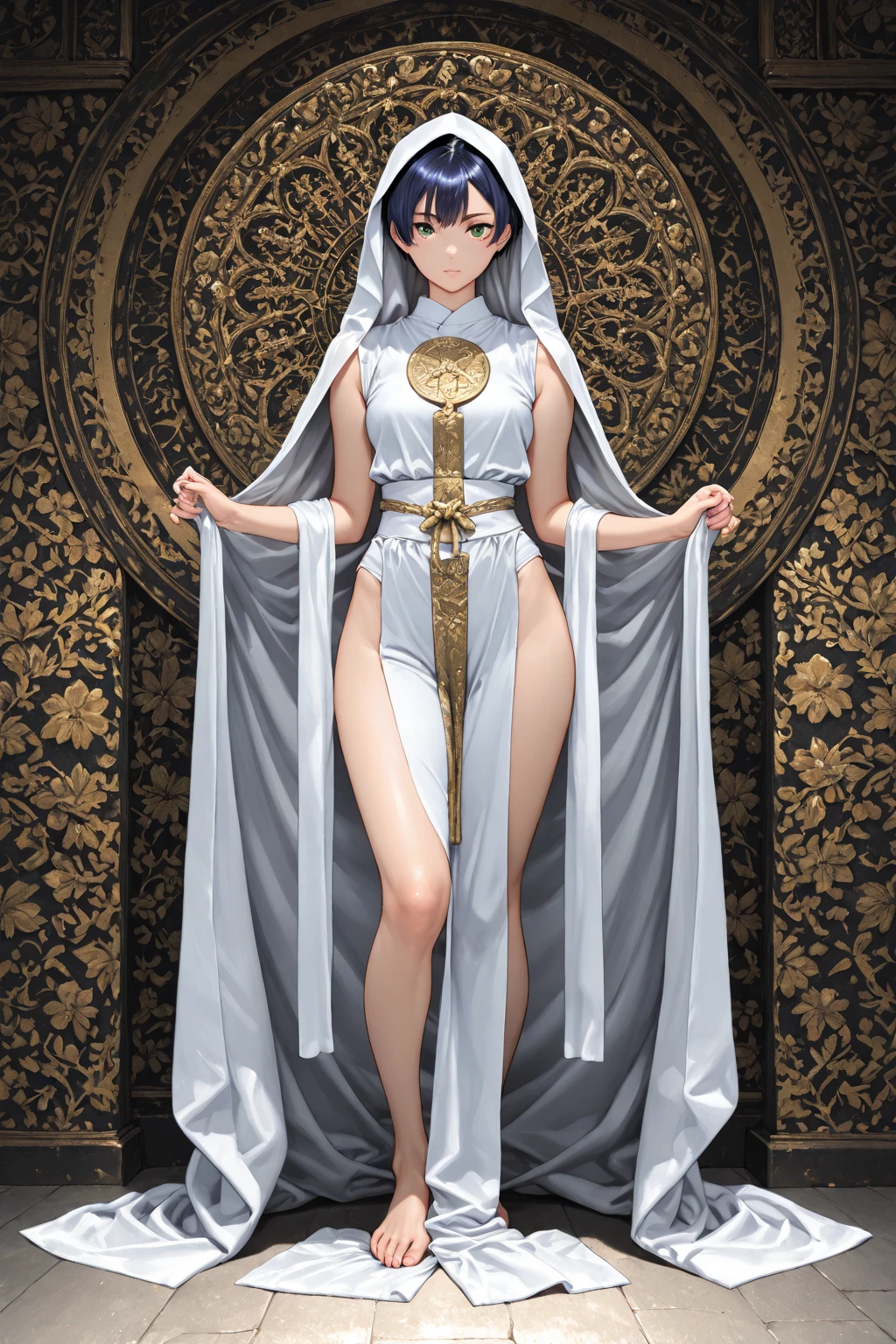 tmasterpiece，The beautiful goddess of the void wears a hood，fully body pose，Gorgeous clothes with gold patterns，Full body white transparent bikini，Clear silk，Full-body standing，180cm tall，Slender legs，detail in face，Detailed body part details，8k wallpaper