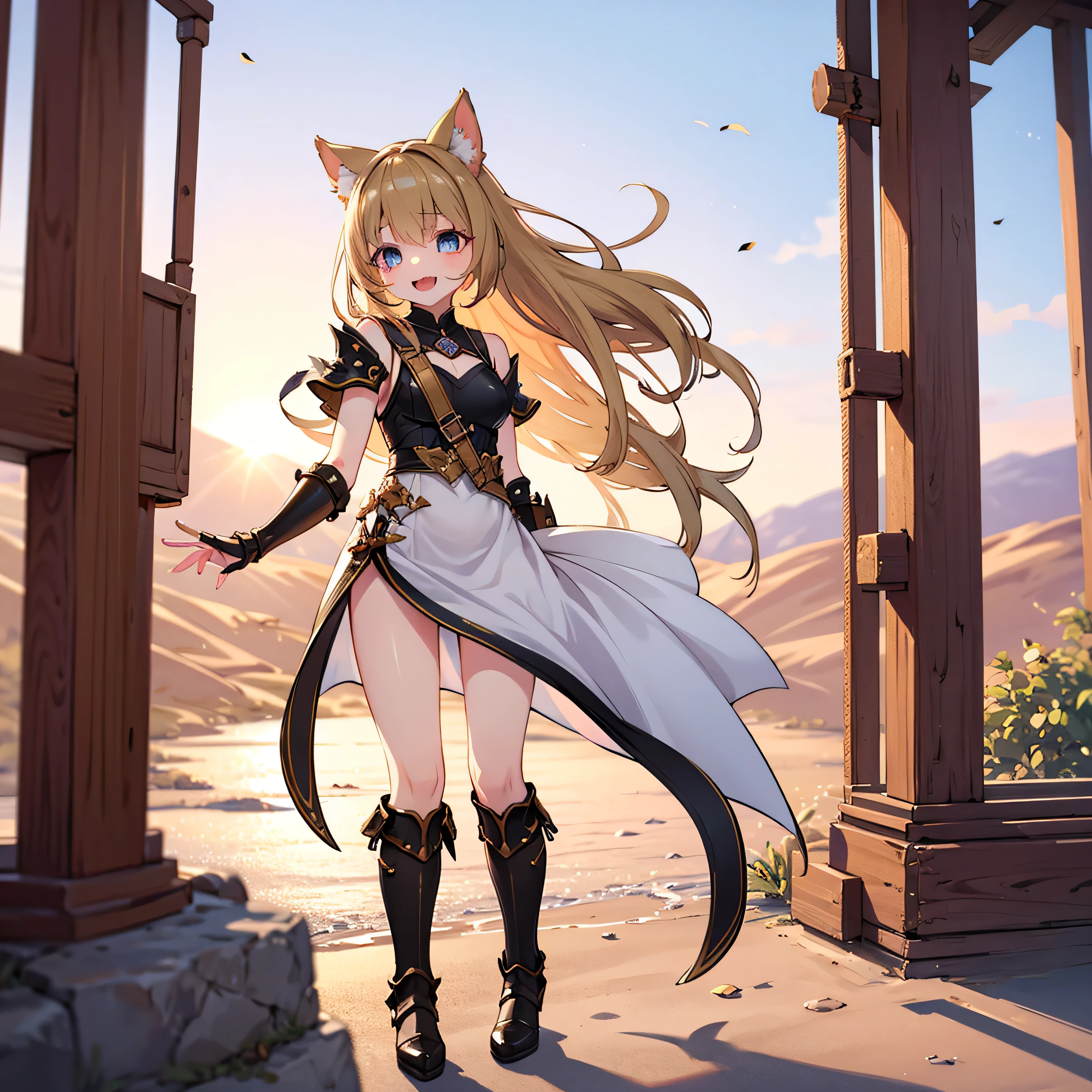 masterpiece, best quality, miqo'te girl from final fantasy xiv, seekers of the sun clan, tan skin, golden cat-like eyes, short fangs, long feline tail, standing tall ears, athletic and toned body, wearing tribal-style leather armor or light cloth outfit, golden sunlight in the background, fantasy desert landscape, confident smile, wind blowing hair, fantasy RPG style, full body, anime style