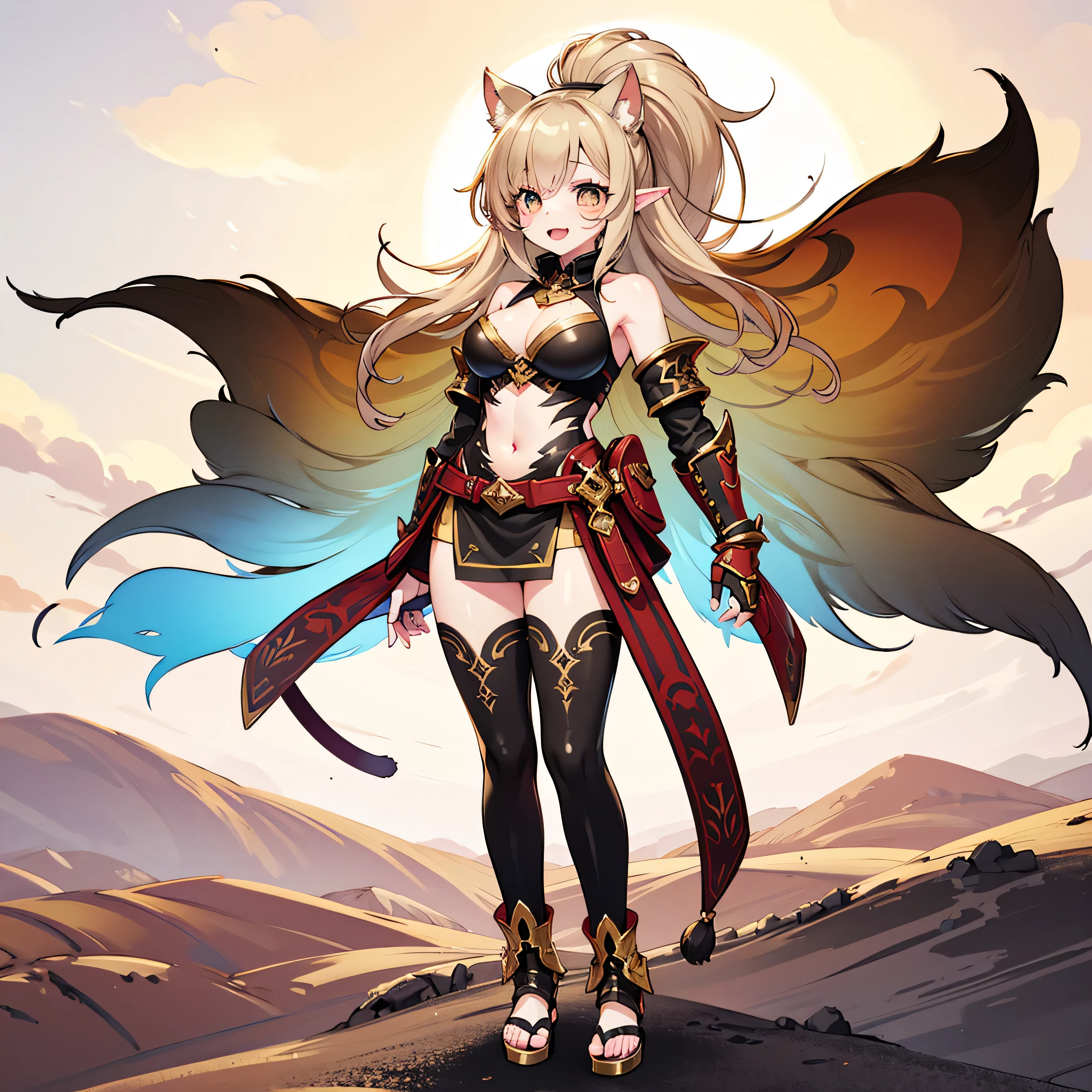 masterpiece, best quality, miqo'te girl from final fantasy xiv, seekers of the sun clan, tan skin, golden cat-like eyes, short fangs, long feline tail, standing tall ears, athletic and toned body, wearing tribal-style leather armor or light cloth outfit, golden sunlight in the background, fantasy desert landscape, confident smile, wind blowing hair, fantasy RPG style, full body, anime style