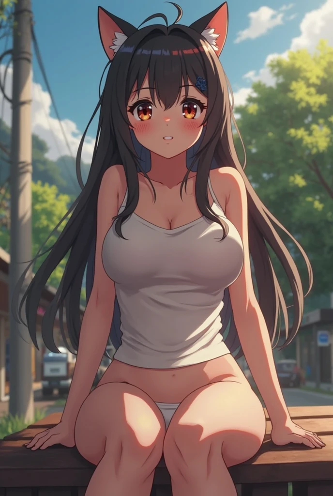 ((Highest quality)), ((masterpiece)), (detailed), (Japanese),14 years old, Black Hair,(Childish face), (Long Hair), Girl, big Breasts, ((topless)), ((Blue eyes)),half-smile ,mini skirt, Sunlight,Profile, arched back, (extreme_close_up) ,flower garden,