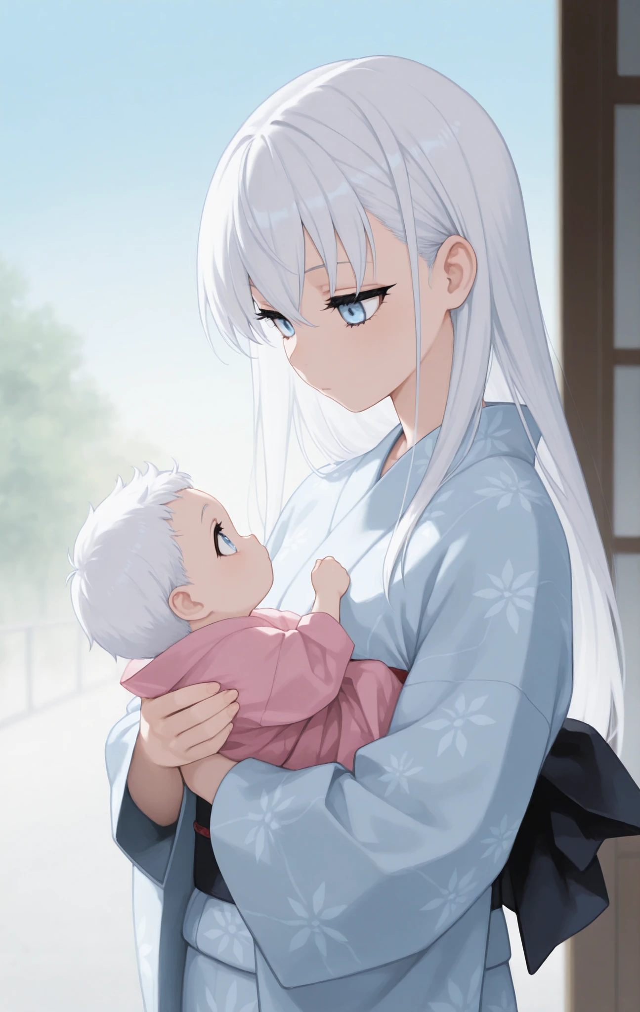 masterpiece, best quality, newest, safe, good anatomy, good resolution, good lighting.  beautiful, anime, , adorable. , White hair.  sky blue eyes . black eyelashes, piel clara. Age: 6 months, measures 66 cm. looking at the spectator, Alone, Simple background. wearing clothes: kimono blanco.