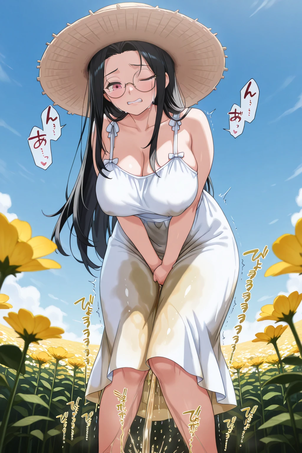 NSFW,Black Hairの男子生徒, boy, Short sleeve shorts, Wearing a long cape, A straw hat with two streamers and countless wind chimes, A giant fish made of water plays a green flute on its back, Leading more fish behind,Pants half-removed,shirt lift,penis,pussy juice,penis in pussy,blush,sex,One Shota,female(Black Hair,Iris,tall,Big Breasts,White dress,Wicked Smile,Long Straight Hair,White brim lady's hat,glamorous,)一組の幼いboyと女性