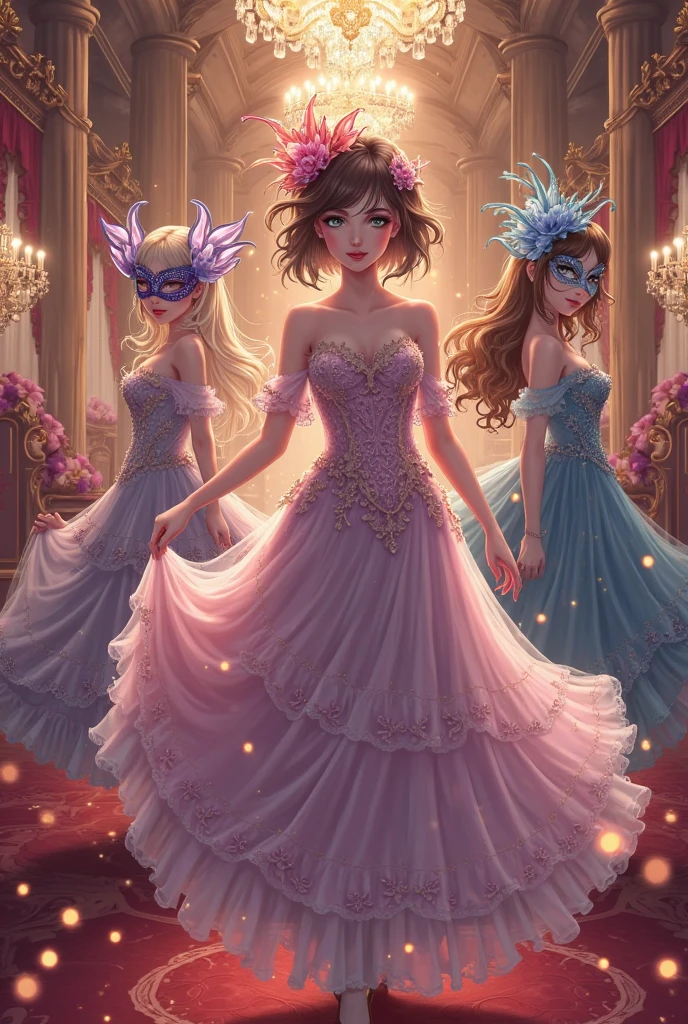Three extremely beautiful women with brown hair, grayish eyes, The one in the middle is dressed in a purple dress with a slit on the side of the legs and a bow in her hands., The one on the left with a black leather jumpsuit, a black eye mask and glowing eyes, and the one on the right with a pink dress, a little crown of flowers on her head and some flowers in her hands, in the background a starry night