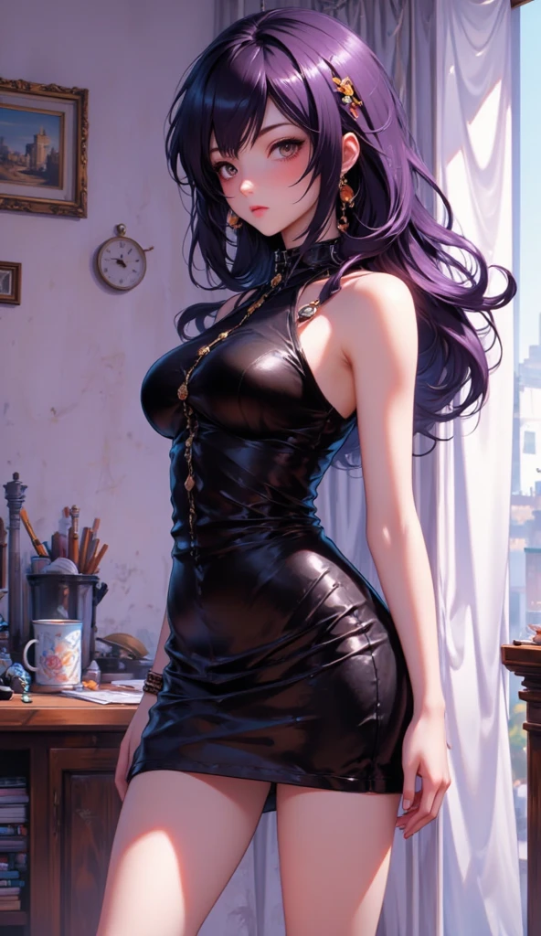 1woman, attire: Black Bodycon Dress,big chest, glitter mini dress for women mesh dress night out party dress sexy dress birthday dress, black eyes, purple hair, medium hair, make up, collar, high, Skinny body, Misato Katsuragi (NffSW), (((Misato Katsuragi))), inside, Living room, (((Front view))), looking at the viewer, lovely thighs, Perfectly detailed face, fully detailed hands and fingers, Masterpiece 1.1, trend in artstation, pixiv quality, (((fine art:Chin))), intricately detailed, ultra graphics, SFW version, (((maduro 1.1))), attire: glitter mini dress for women mesh dress night out party dress sexy dress birthday dress、symmetrical face、