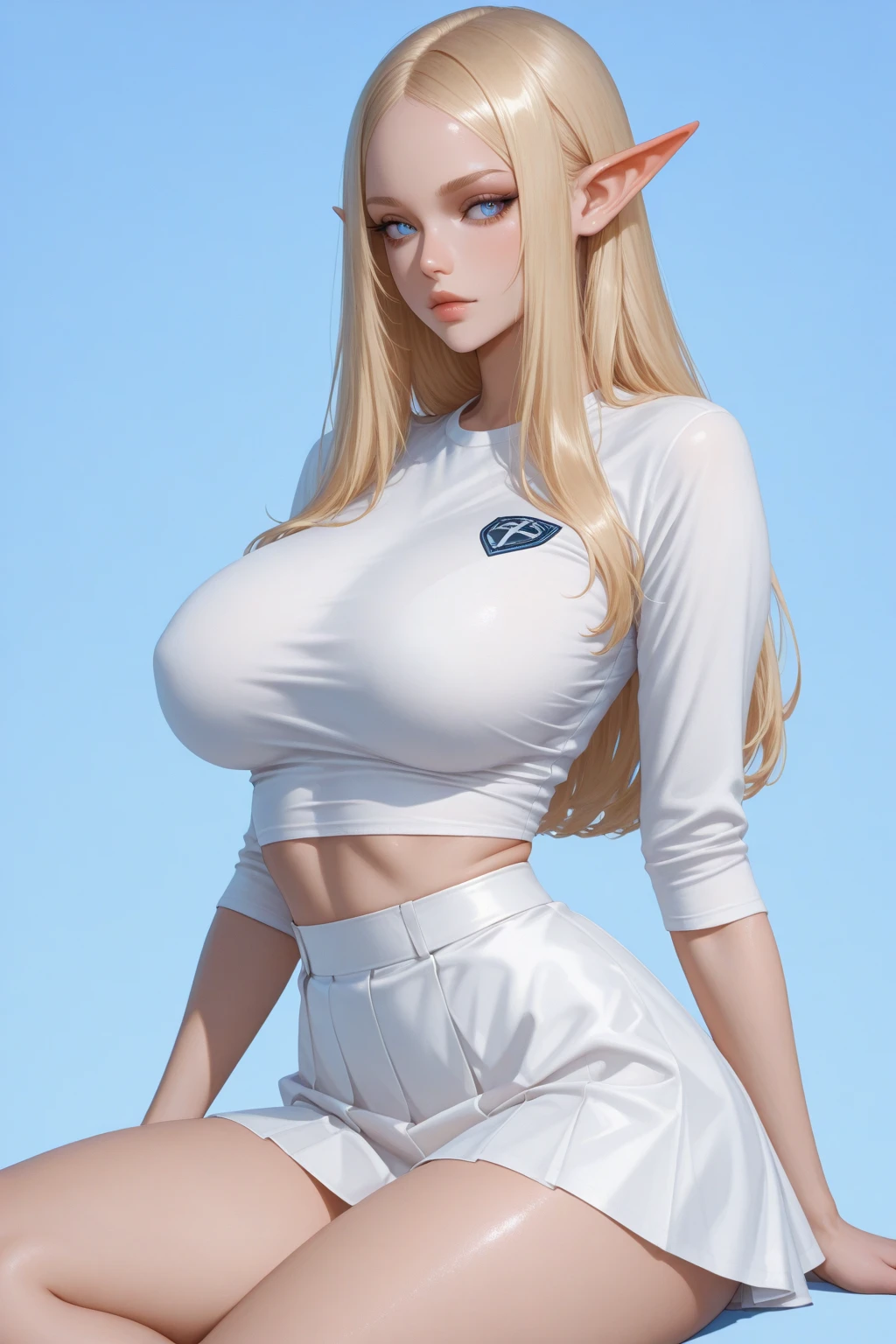 (cute girl :1.3),(gigantic boobs:1.3) ,(beautiful white skin:1.4),(blue leather fit garment with metal bangle:1.5),(all fader red background:1.3),(blond mid messy medium hair:1.5),(Sharp Gaze)