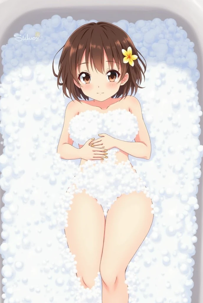 Primary school students, own hugging feet, snow background, naked scarf, white panties, hands on own chest, hair clip,