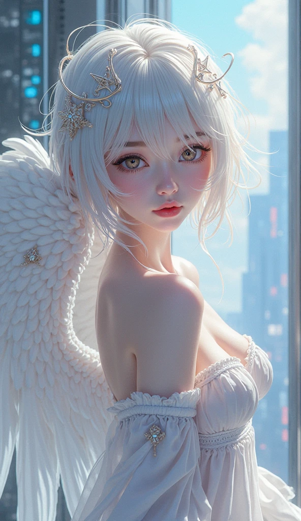 ((ultra quality)), ((realistic,digital art)), (hyper detailed) a beautiful angel woman with halo of light, nude, intricate detailed face, delicate facial features, porcelain skin, ethereal, serene expression, elegant pose, feathered wings, graceful, divine, shimmering light effects, cinematic lighting, chiaroscuro, dramatic shadows, muted color palette, romantic, dreamlike, mystical