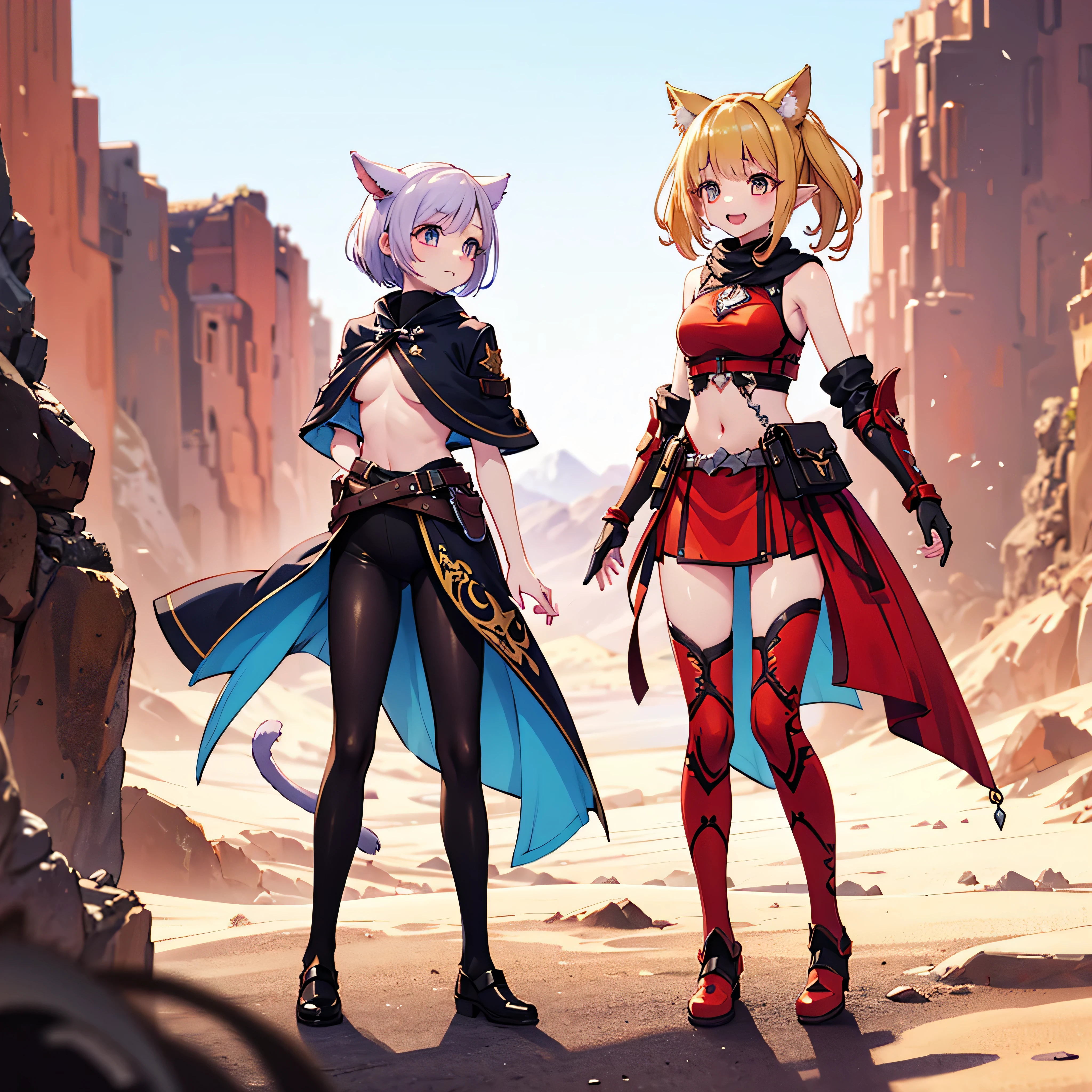 masterpiece, best quality, miqo'te girl from final fantasy xiv, seekers of the sun clan, tan skin, golden cat-like eyes, short fangs, long feline tail, standing tall ears, athletic and toned body, wearing tribal-style leather armor or light cloth outfit, golden sunlight in the background, fantasy desert landscape, confident smile, wind blowing hair, fantasy RPG style, full body, anime style