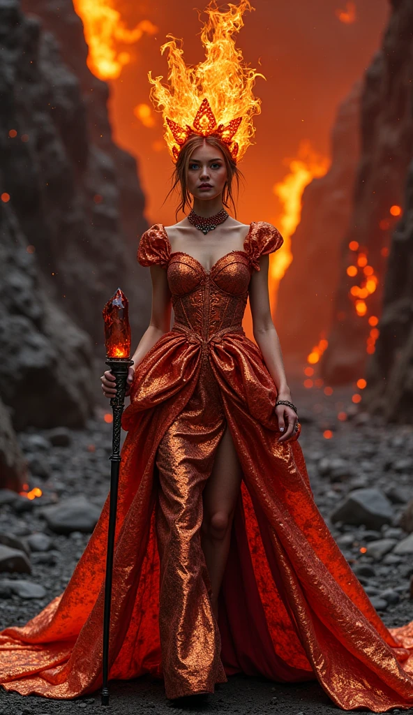 A woman wearing A fire themed gown with golden jewellery. Her power is fire and she can control fire.. She has fire patterned tiara..Her eyes are brown with red,orange and yellow themed make up.. Her wand have fire pattern and fire themed.