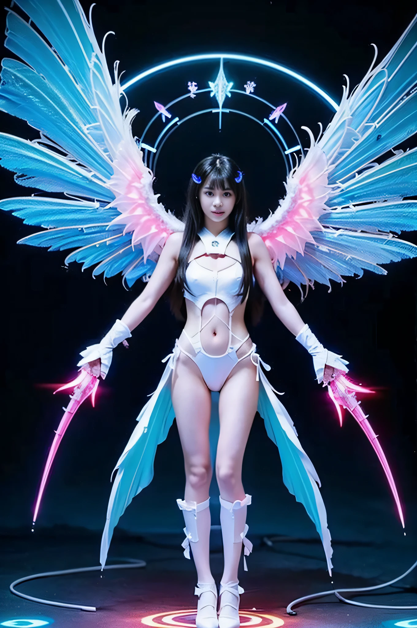 ((best quality,4k,highres,masterpiece:1.2)),((character concept art)), 1 female, age 23. Known for her love of high-end fashion and vibrant nightlife, Lily embodies the role of a modern, young, and affluent Asian-American girl. Her body language is as outgoing and confident as her personality, always exuding a vibrant energy. Lily's long, jet-black hair is often highlighted with streaks of vibrant colors typical of the ABG aesthetic. Her eyes are accentuated by dramatic, winged eyeliner and voluminous false eyelashes. (((She's now wearing Holographic, metallic bikini top, neon underlights, midriff, low-rise, LED-trimmed hot pants, seductive appeal, thigh-high, platform boots, neon lights, arm and leg cuffs, digital beads, glowing patterns, backless, light-up feathered harness, feather headdress, futuristic flair, fingerless, LED-lit gloves, cybernetic enhancement, rave's light show, handheld, light-up cyber drum, rave's beat, music, party atmosphere.))), ((intricate detail)), super finely detailed hands, ultra finely detailed fingers((ten fingers)), (standing confidently), (full body showcase), (show full body), (no logos on background), (no logo), ((plain background)), ((plain background)), (((empty background))).