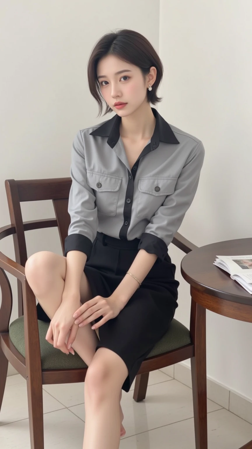 Highest quality、Ultra-high resolution、Professional Lighting、Detailed Background、hotel room、full body,Kobeni-chan、crying a little、25-year-old woman、beautiful girl、(Kobeni-chan、Jet black hair, Black Hair, bangs, One-sided hair,)、(Red Hair Clip:1.1)、(White shirt:1.2)+(Black tie:1.2)+(black long pants for work:1.2)、(Huge breasts that look like they might burst:1.2)、(Big thighs:1.1)、Are standing、Model pose