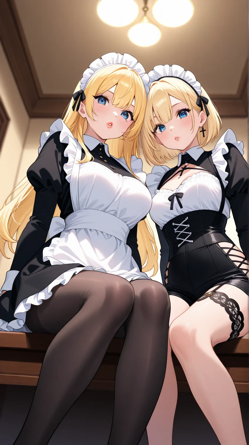 Blonde hair, golden eyes, dark Skinned beautiful, busty, woman wearing a Maid Outfit.
