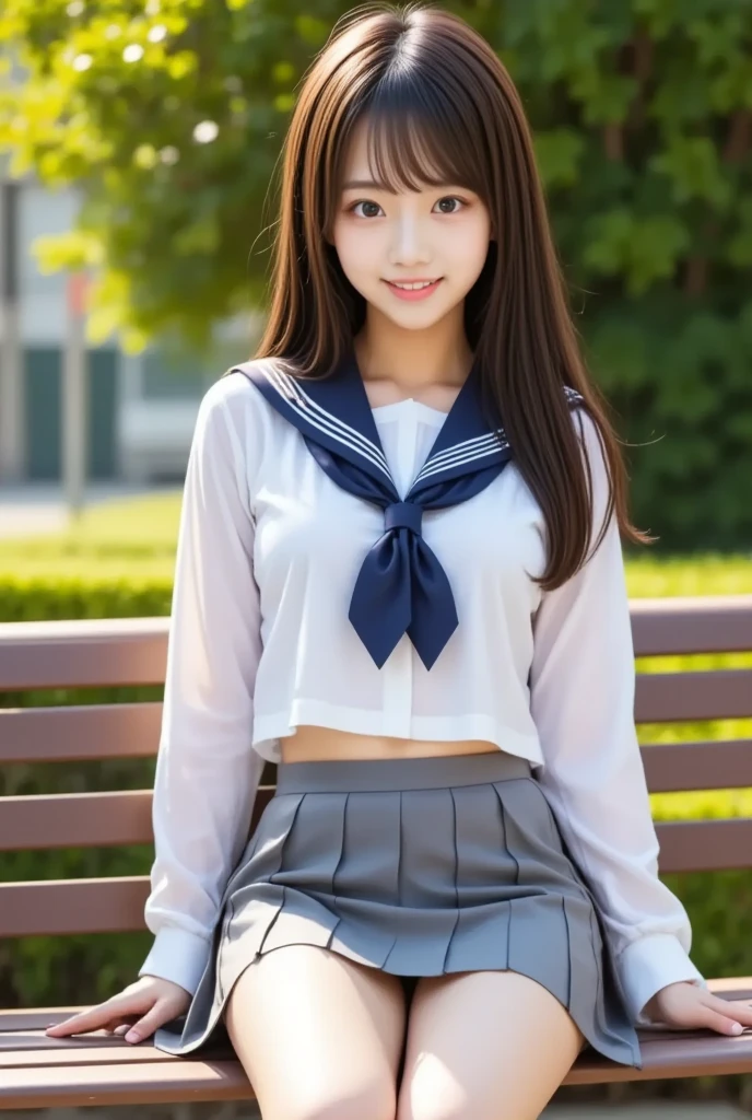 (masterpiece,top-quality,超A high resolution),A Japanese Lady, an extremely beautiful 17-year-old girl, Ubu no Girl、(Perfect limbs、perfect anatomia),((Bob Hair)).Cute sailor suit、School uniform, Cardigan、Navy blue skirt、Pure white、Beautiful skin、Moist eyes、Brown glittery hair、Colors and landscapes of youth、Premonition of love、Colossal tits、embarrassed grin、Attend school、morning, Leaves the original facial proportions, Wind, Skirt lift