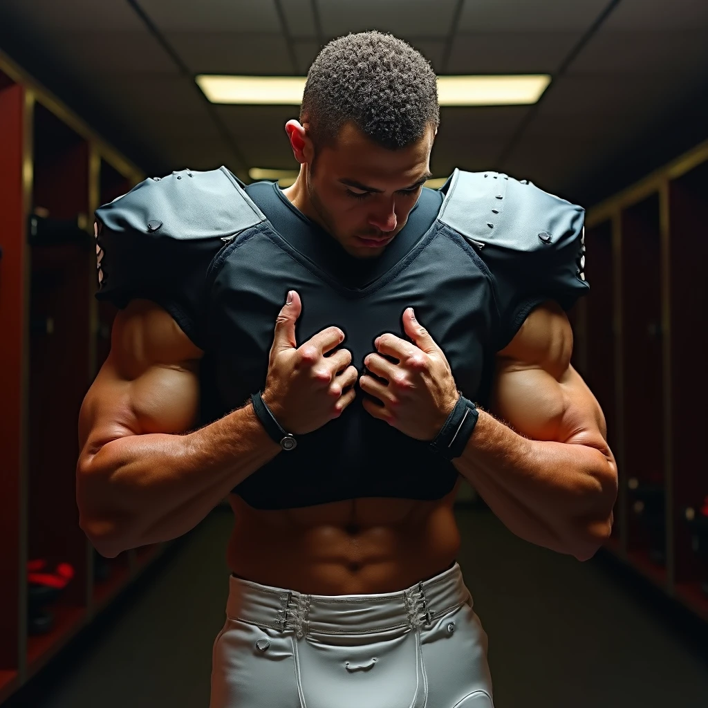 Photo-realistic, ((best quality)), ((masterpiece)), (detailed), football player, perfect human face, short hair, handsome young male model as a football, handegg, (black shoulder armor:1.2), 18-year-old, super male model, handsome, cute, evil looking, dark look powerful, young male model, handsome, super strong, muscular, fit, massive muscles, six pack, clean shave, blue eyes, perfect skin, (wavy short messy blond hair:1.2), short messy hair, messy wavy hair, american football, (shirtless:1.4), bare-chested, muscle, ripped, strong body, fit body, football field, american football field, 8k, high detailed, ultra-detailed, Stylish Pose, real skin texture, dramatic cinematic lighting, HORROR, night, night time, dark, full moon
