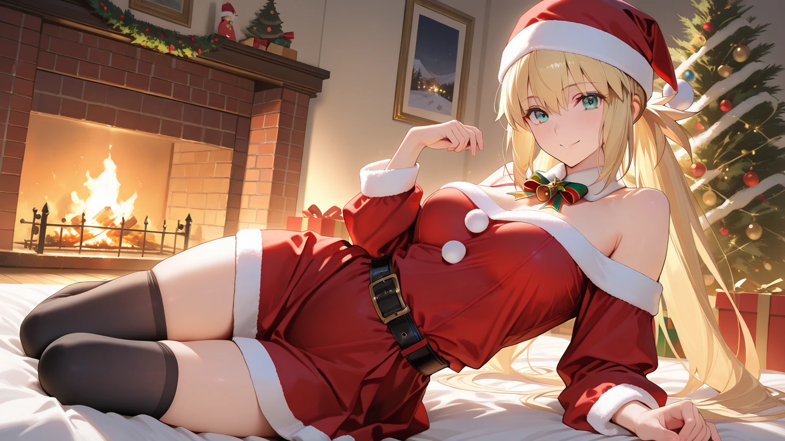 top-quality、Top image quality、masterpiece、teens girl((Cute Santa Costumes、santa style short skirt、santa style tank top、sixteen years old、 Ager、Best Bust、big bast,Beautiful wide open light blue eyerest, a blond、A slender,Large valleys、Reflecting the whole body、Laugh、dye one's cheeks red、Red Body Paint、Red Face Paint、be shy、wave her hand、all-fours、posterior view、emphasis on the buttocks)),hiquality、Beautiful Art、Background with(( natta、snowflakes falling、Nice and clean room.、Christmas Party、Party Venue、Christmas Lights、Christmas tree、)))、masutepiece、depth of fields,Flying in the sky