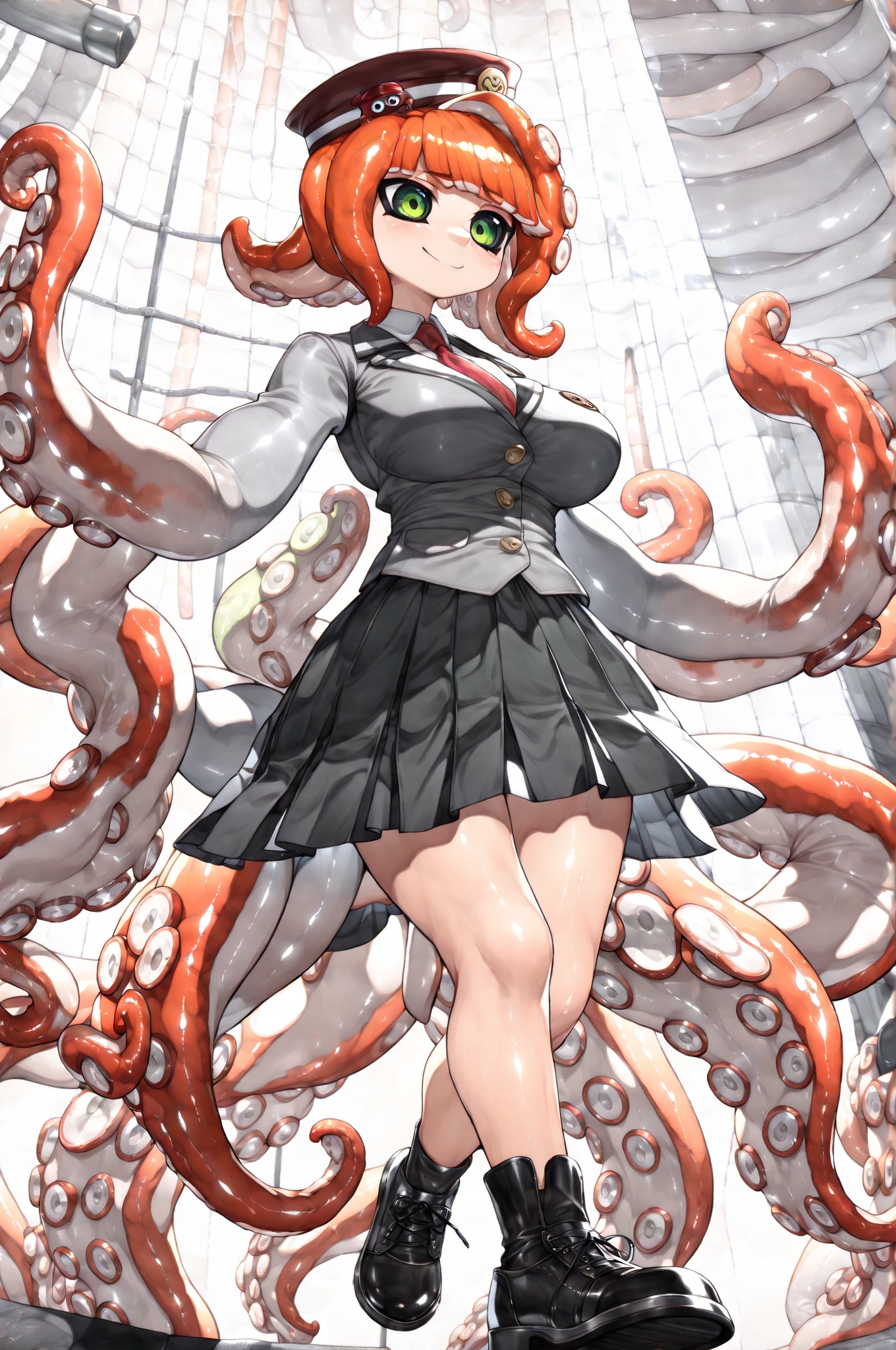 ((best quality)), ((highly detailed)), absurdres, (detailed eyes),1girl,20 years old,solo,long hair,pink hair,(((white shirt,black standart tie,black skirt))),dynamic pose, cowboy shot, (((scylla))), (((octopus girl))), standing, (tentacles:1.33), (suction cups:1.33), (fused:1.33), ((tentacle legs)), squidlegs, ((underwater,sea, aurora,night)),leaning forward, serious,cute,reaching out