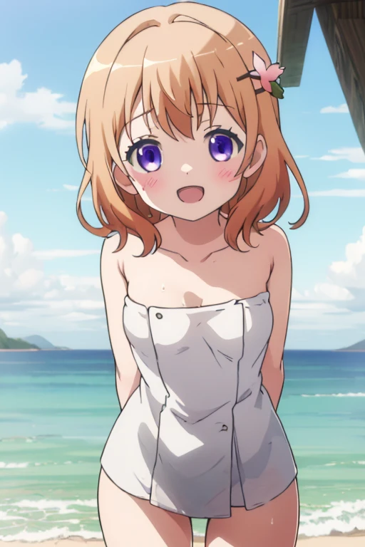 akari feature,((masterpiece)),(((highest quality))),((Super detailed)),((figure)), ((messy hair)), {very detailed}, (Light function), outdoor, blue sky, detailed background, cloud, smile, flow,topless,