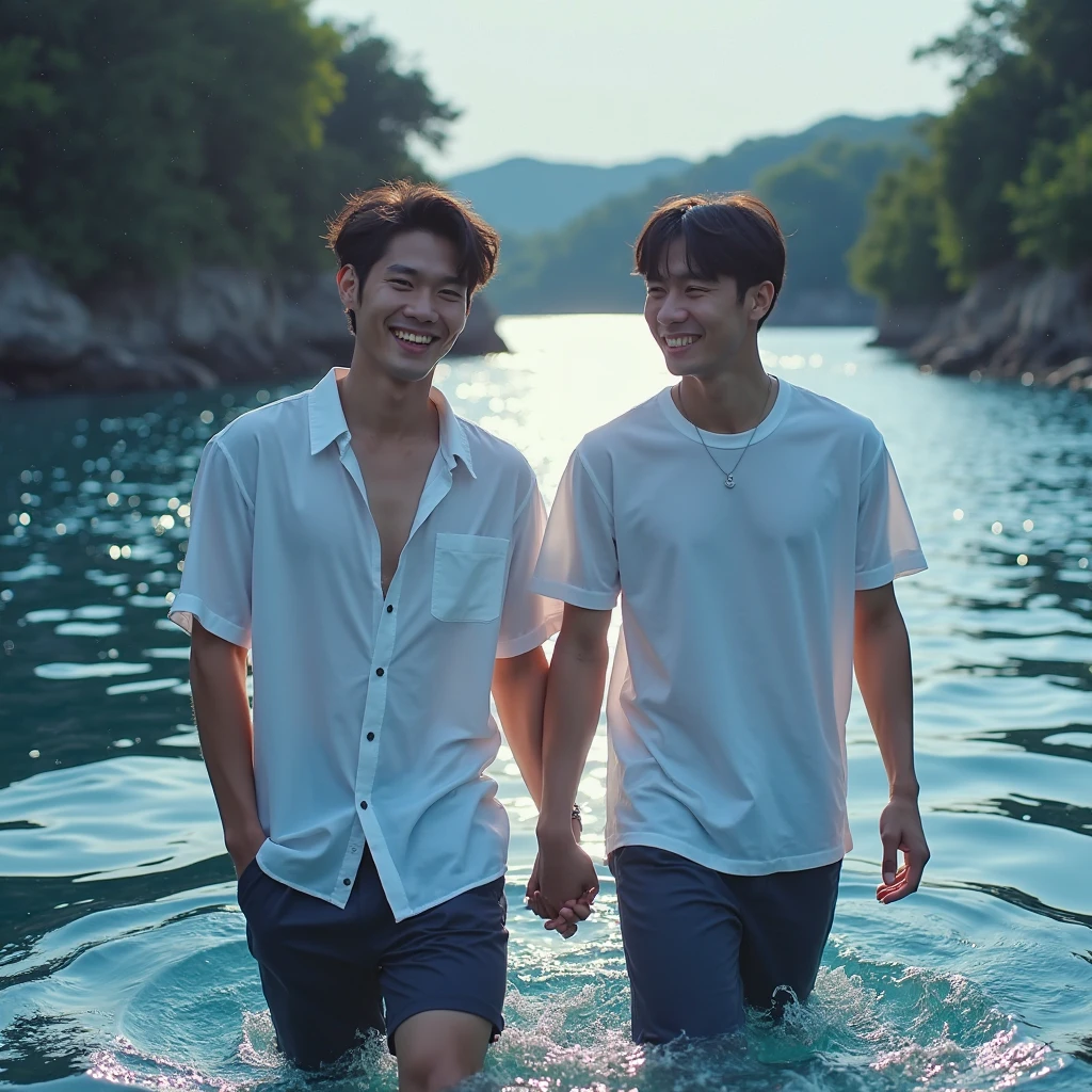 nsfw, yaoi, best quality, masterpiece, extremely detailed, close up, two men, nude, extremely handsome 25 year old man with middle parting dark hair, extremely handsome 30 year old filipino man with short blond hair, muscular build, sitting by a lake, looking at each other lovingly, a fish jumps out of the water, crescent moon in the sky, vibrant colors, extremely romantic atmosphere, dark cinematic lighting, dramatic shadows, perfect hands, perfect fingers, perfect face