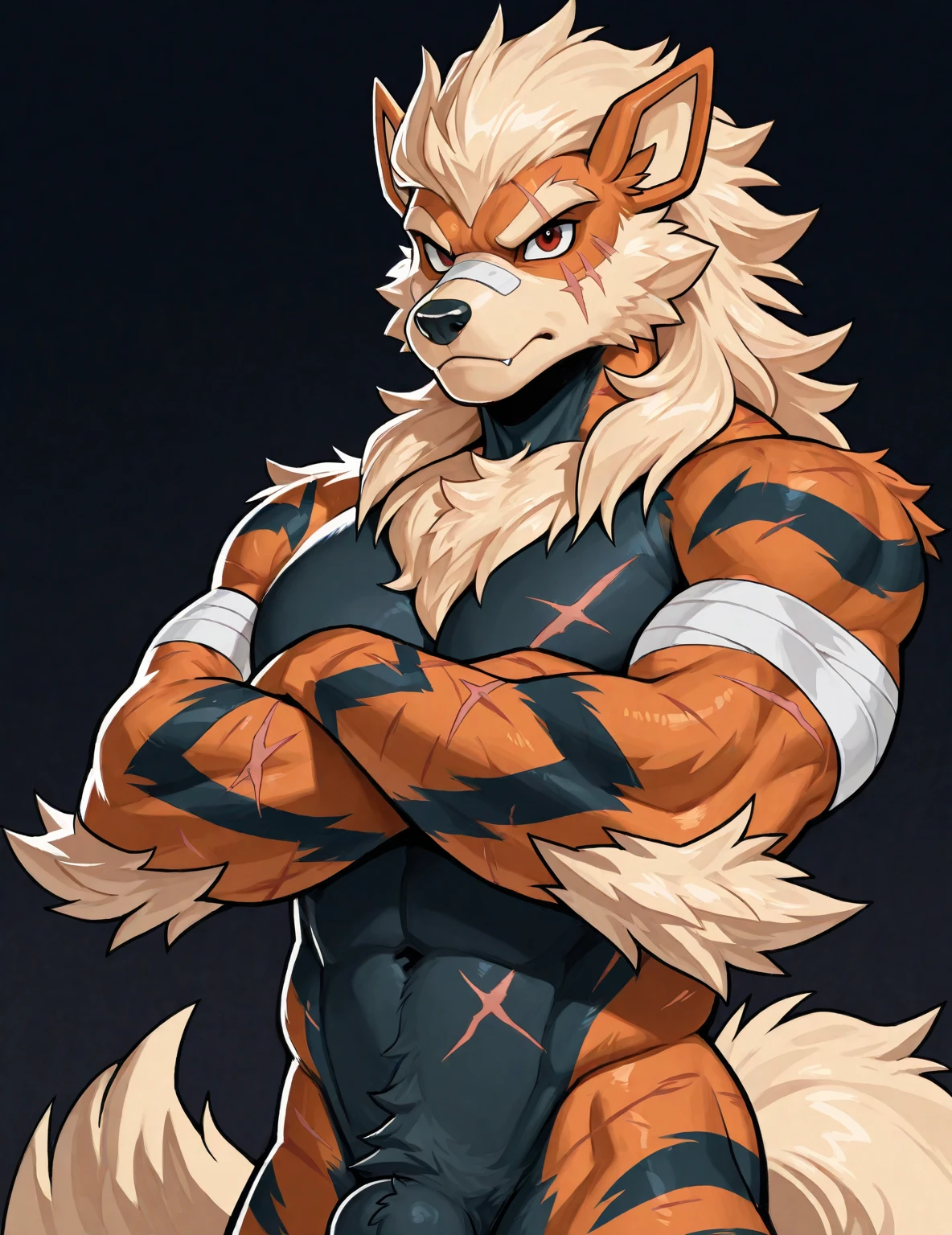 color々Animal parts、Synthetic Beasts、Completely naked、A composition that captures the whole body、Lower body of a wolf、Snake&#39;s Tail、lion head、Tiger upper body、the mane of a lion、Tiger-like pattern、Very huge muscles、paw pads on soles of feet、sharp claws on feet、White teeth