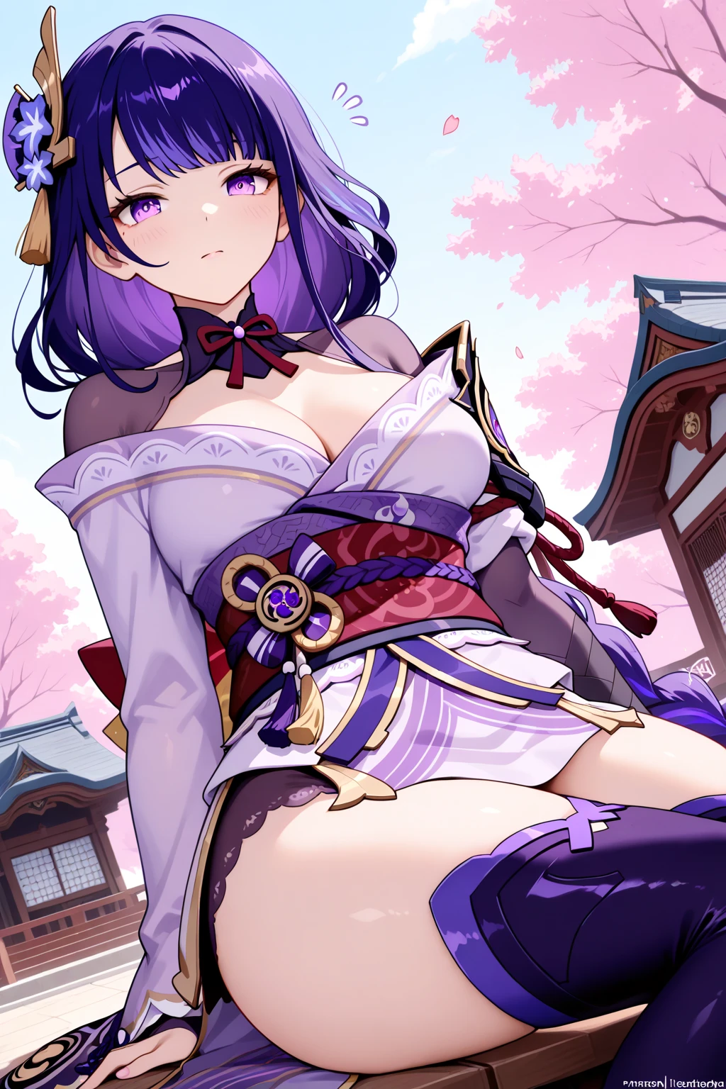 Highest quality,Ultra-high resolution,Highest quality,1 girl,Nude:1.5,nsfw,raiden shogundef, long hair, hair between eyes,purple here, raiden shogun,masterpiece,Highest image quality,beautiful eyes,smile,Large nipples,Thick Nipples,Leg spread