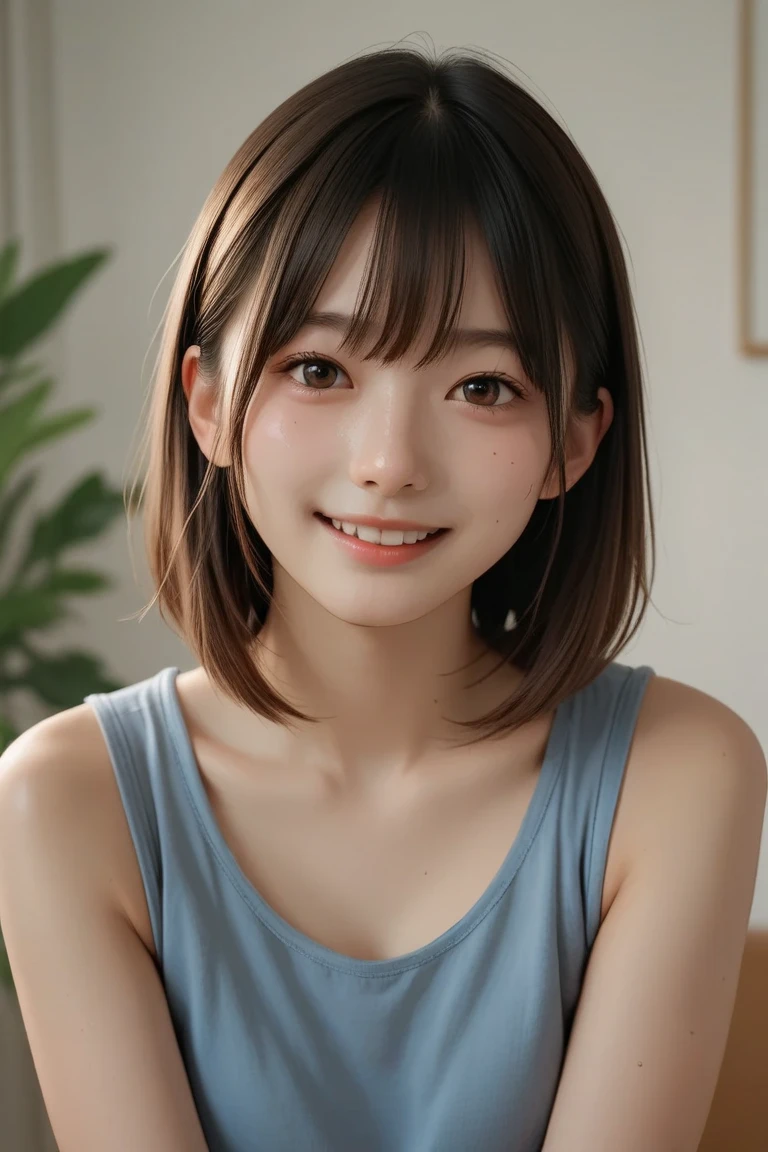 ((highest quality)),(realistic:1.2),(1girls:1.2),20yo, (tight T-shirt),(smile, laugh, happy:1.2),(sexy:1.1),(puffy nipples:0.7), 
