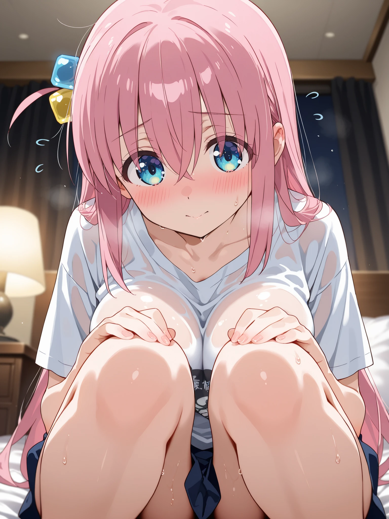 NSFW,masterpiece,Highest quality,High resolution,Very detailed,Shikimori-san\(可愛いだけじゃないShikimori-san\),Pink Hair、Long Hair、blue eyes、Hair between the eyes、bangs,Embarrassed,blush,Knit tops,Sleeveless,Pleated skirt,belt,necklace,Heeled Sandals,Nightlife,Picking Up Girls,(Bad looking middle-aged man),A man puts his hands on her waist and hugs her