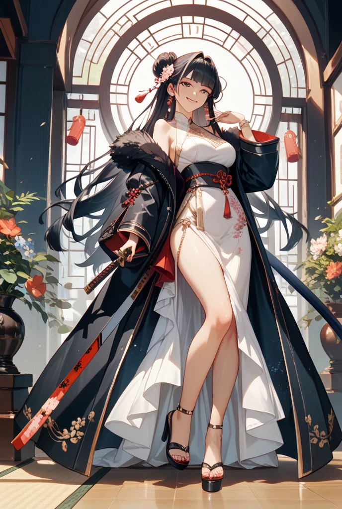 A woman with big ,Black velvet evening gown,Floor-length skirt,Deep V neckline。The evening gown is embroidered with delicate red roses,Flowers vary in size,Extends from waist to hem。Roses embroidered in gold thread,Rich in details,Lifelike。Background is indoor banquet,Tall figure,Long hair shawl,Smiling,The overall creates a noble and romantic atmosphere。