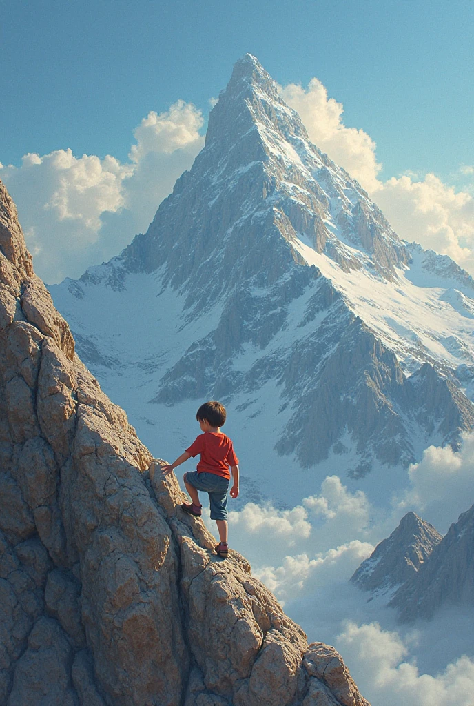 HAPPY, CUTE CHILD WITH HIS DOG ON AN ADVENTURE., short hair, brown hair, climbing the mountain, bright, Surrealism, Minimalism, Pixar, UHD, 1080P, HD, 8k, textured skin, high details --auto --s2
